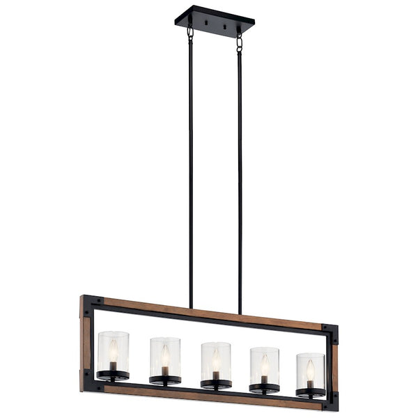 Kichler Marimount 38.5in 5-Light Linear Chandelier | Rustic Auburn Stained Wood-Look and Black Metal Clear Glass | Kitchen Island | Model 44043AUB