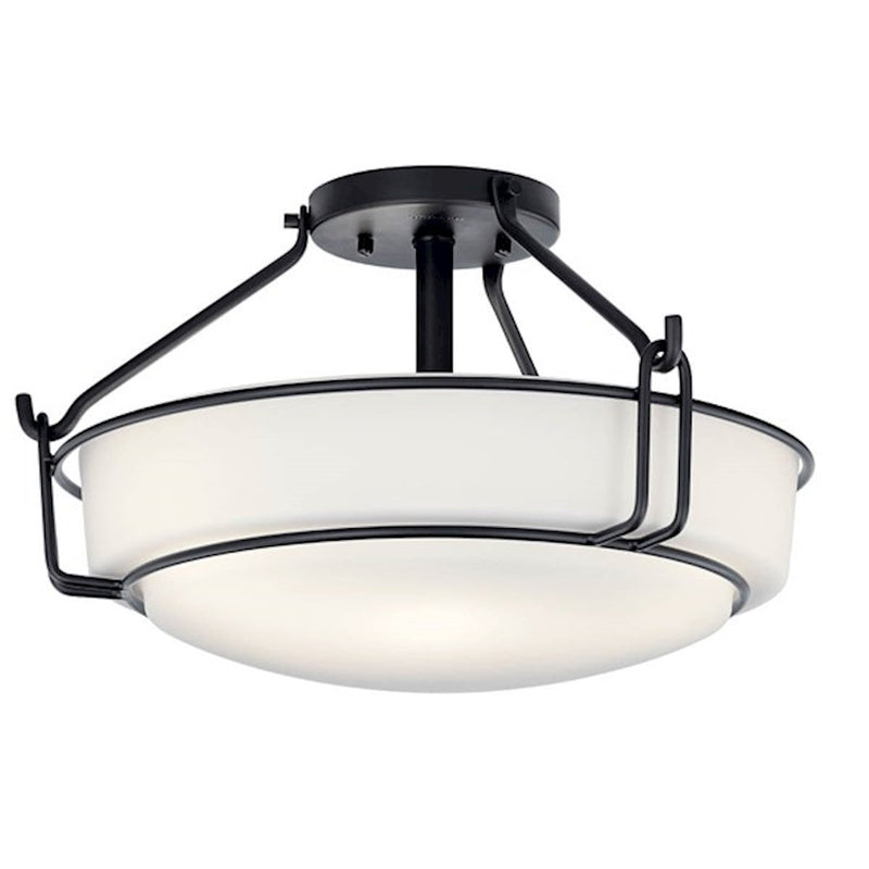 Kichler Alkire 22in 4-Light Semi-Flush Mount | Black Steel and Satin Etched White Glass | Living Room & Bedroom | 22 x 11 in | Model 44086BK