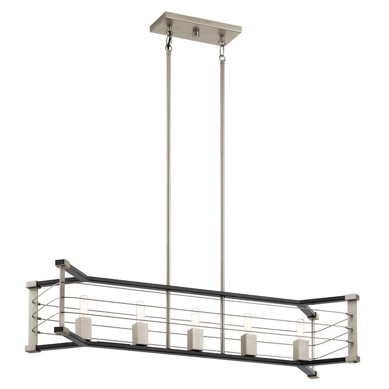 Kichler Lente 54in 7-Light Linear Chandelier | Vintage Industrial Midnight Oak and Brushed Nickel Steel | Kitchen Island & Dining | Model 44252MOK