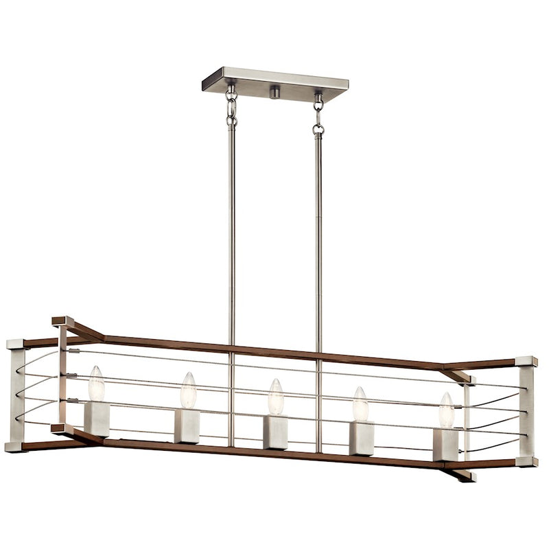 Kichler Lente 39in 5-Light Chandelier | Industrial Brushed Nickel and Auburn Wood-Look | Dining Room & Kitchen Island | Model 44250NI