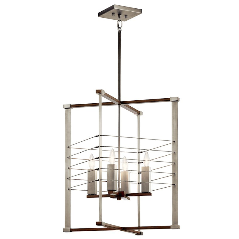 Kichler Lente 22.5in 4-Light Foyer Pendant | Industrial Brushed Nickel and Auburn Wood-Look | Foyer & Entryway | 22.5 x 25 in | Model 44251NI