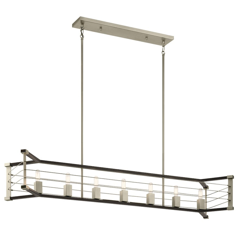 Kichler Lente 54in 7-Light Linear Chandelier | Vintage Industrial Midnight Oak and Brushed Nickel Steel | Kitchen Island & Dining | Model 44252MOK