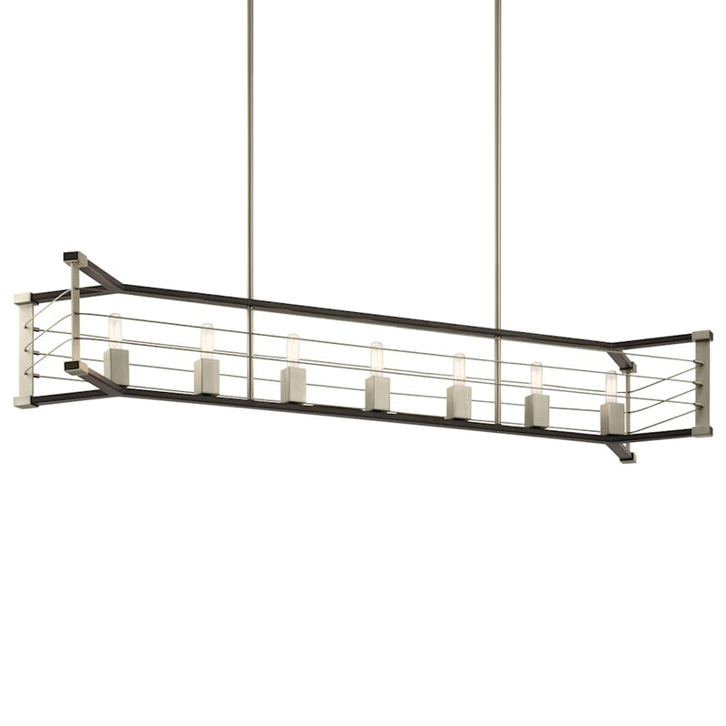Kichler Lente 54in 7-Light Linear Chandelier | Vintage Industrial Midnight Oak and Brushed Nickel Steel | Kitchen Island & Dining | Model 44252MOK