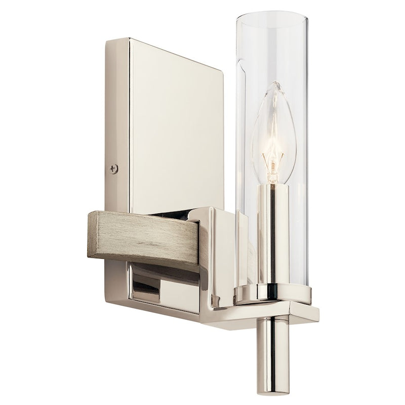 Kichler Telon 8in 1-Light Wall Sconce | White Washed Wood Steel and Fluted Glass | Hallway & Living Room Accent | 8 x 10 x 10 in | Model 44287WWW