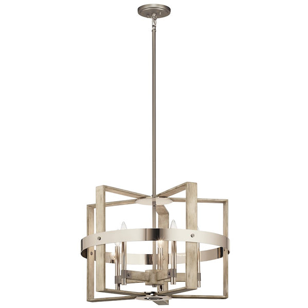 Kichler Peyton 26in 5-Light Chandelier | Industrial Whitewashed Wood & Satin Nickel | Dining Room & Kitchen Island | 26 x 18 in | Model 44290WWW