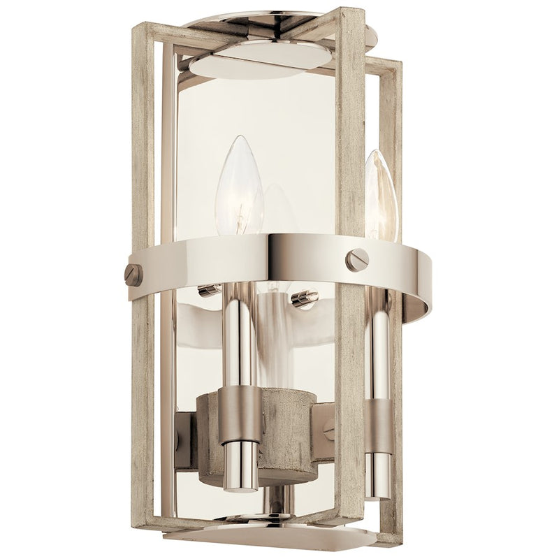 Kichler Peyton 8in 2-Light Wall Sconce | Industrial Whitewashed Wood and Satin Nickel | Hallway & Living Room | 8.25 x 12.75 in | Model 44292WWW