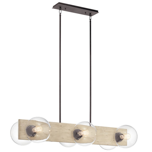 Kichler Marquee 42in 6-Light Linear Chandelier | White Washed Wood Steel and Clear Globe | Dining Room & Kitchen Island | Model 44296WWW