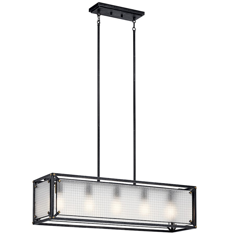 Kichler Steel 36in 5-Light Linear Chandelier | Industrial Distressed Black and Checkered Glass | Kitchen Island | 36 x 10 x 11 in | Model 44333DBK