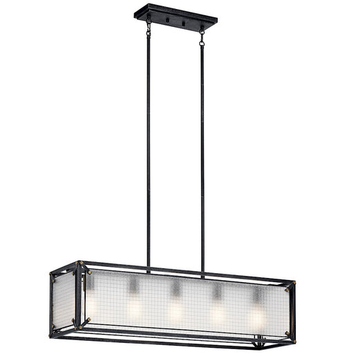 Kichler Steel 36in 5-Light Linear Chandelier | Industrial Distressed Black and Checkered Glass | Kitchen Island | 36 x 10 x 11 in | Model 44333DBK
