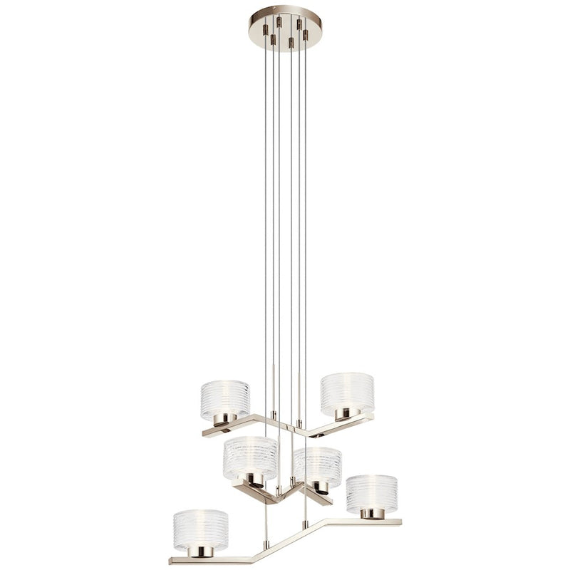 Kichler Lasus 23in 6-Light Chandelier | Modern Polished Nickel and Clear Ribbed Glass | Dining Room & Kitchen Island | Model 44347PNLED