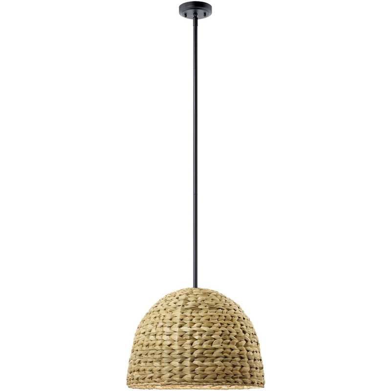 Kichler Raffiana 18in 1-Light Mini Pendant | Industrial Black and Clear Satin Etched Glass with Rattan Dome | Kitchen Island & Dining | Model 44399BK