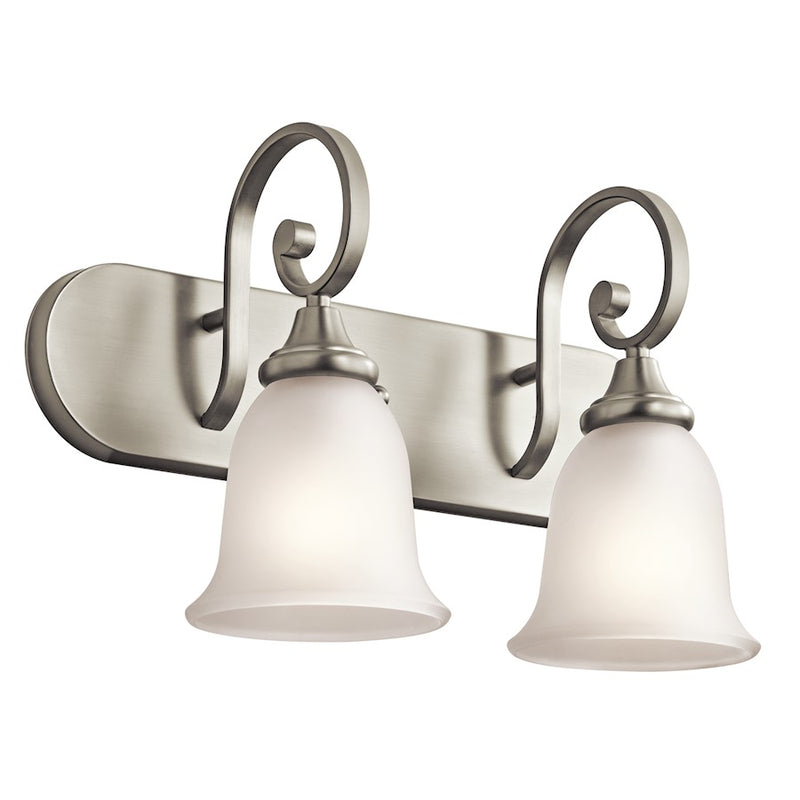Kichler Monroe 18in 2-Light Vanity Light | Traditional Brushed Nickel and Satin Etched Glass | Bathroom Vanity | 18 x 11.75 in | Model 45054NI