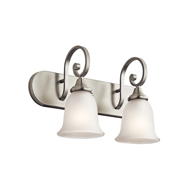 Kichler Monroe 18in 2-Light LED Bath Vanity | Traditional Brushed Nickel and Light Umber Etched Glass | Bathroom Vanity Light | Model 45054NIL18