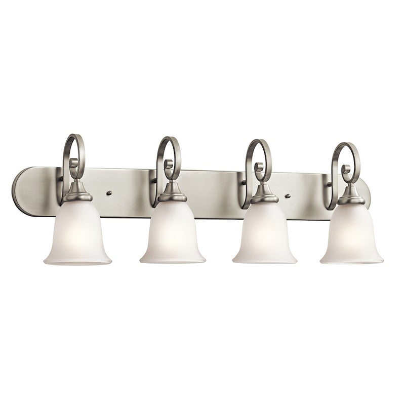 Kichler Monroe 36in 4-Light Vanity Light | Traditional Brushed Nickel and Satin Etched Glass | Bathroom Vanity | 36 x 12 in | Model 45056NI