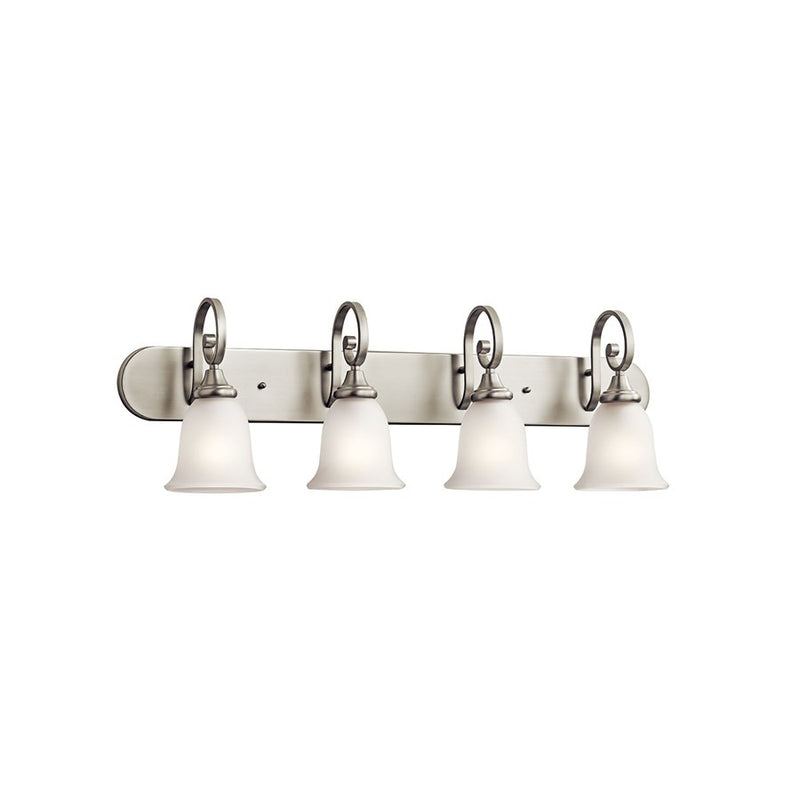 Kichler Monroe 36in 4-Light LED Vanity Light | Traditional Brushed Nickel and Light Umber Etched Glass | Bathroom Vanity | Model 45056NIL18