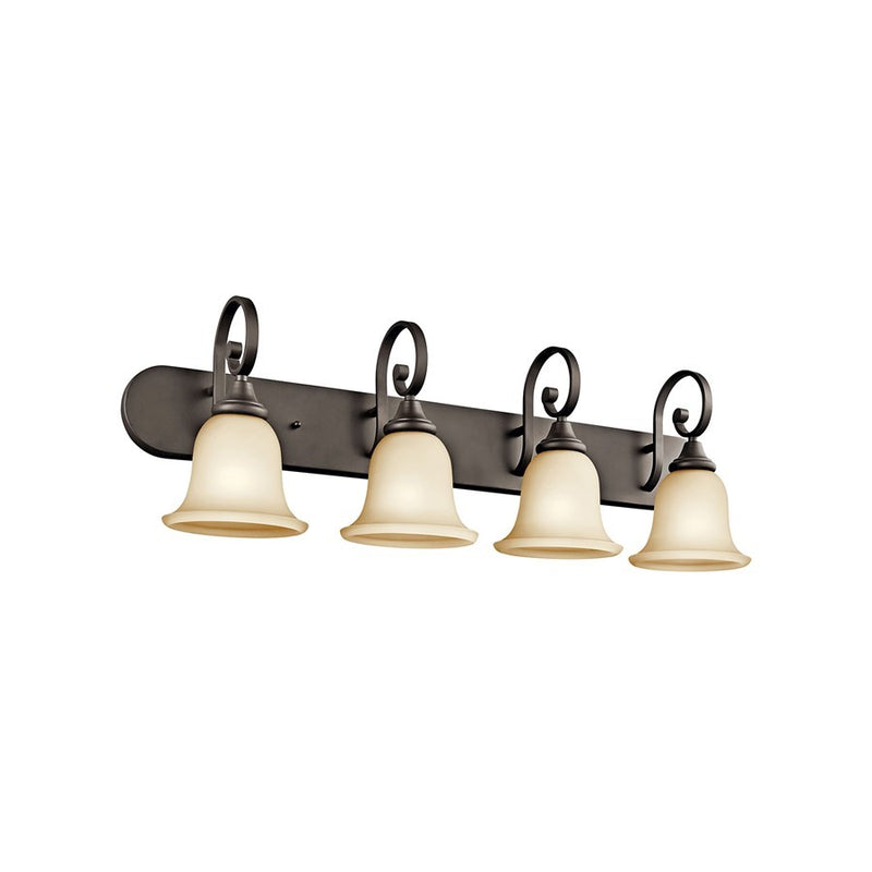 Kichler Monroe 36in 4-Light LED Bath Vanity Light | Traditional Olde Bronze and Light Umber Glass | Bathroom Vanity | Model 45056OZL18