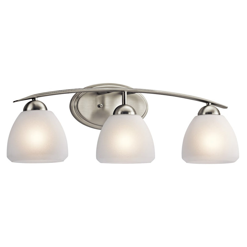 Kichler Calleigh 26in 3-Light Bathroom Vanity Light | Transitional Brushed Nickel and Satin Etched Cased Opal Glass | Bathroom Vanity | Model 45119NI