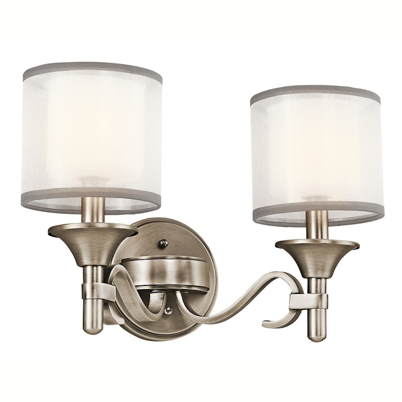 Kichler Lacey 14in 2-Light Bath Vanity | Transitional Antique Pewter and White Organza with Gray Trim | Bathroom Vanity | 14 x 10 in | Model 45282AP