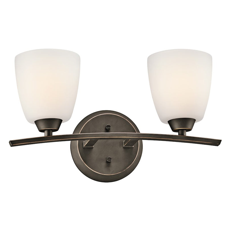 Kichler Granby 17in 2-Light Bath Vanity Light | Transitional Olde Bronze and Satin Etched Cased Opal | Bathroom & Powder Room | Model 45359OZ