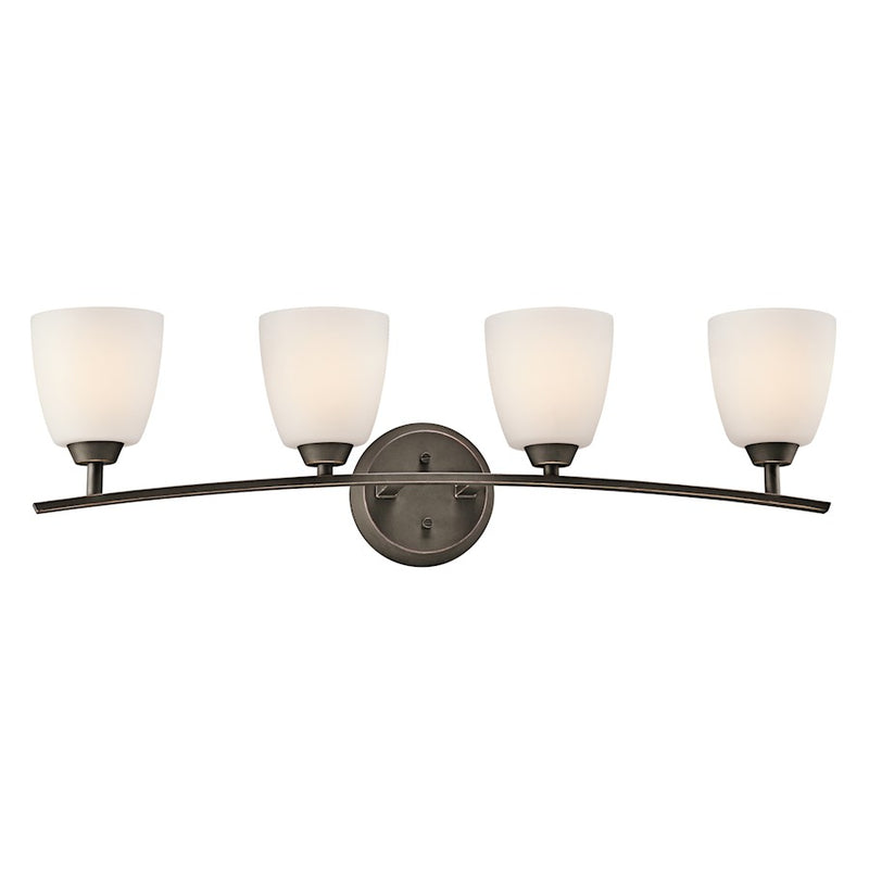 Kichler Granby 33in 4-Light Bathroom Vanity Light | Transitional Olde Bronze and Satin Etched Cased Opal Glass | Bathroom Vanity | Model 45361OZ