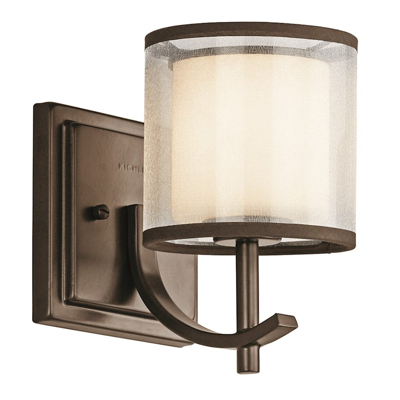 Kichler Tallie 7.5in 1-Light Wall Sconce | Transitional Mission Bronze and Satin Etched White Glass | Entryway & Hallway | Model 45449MIZ