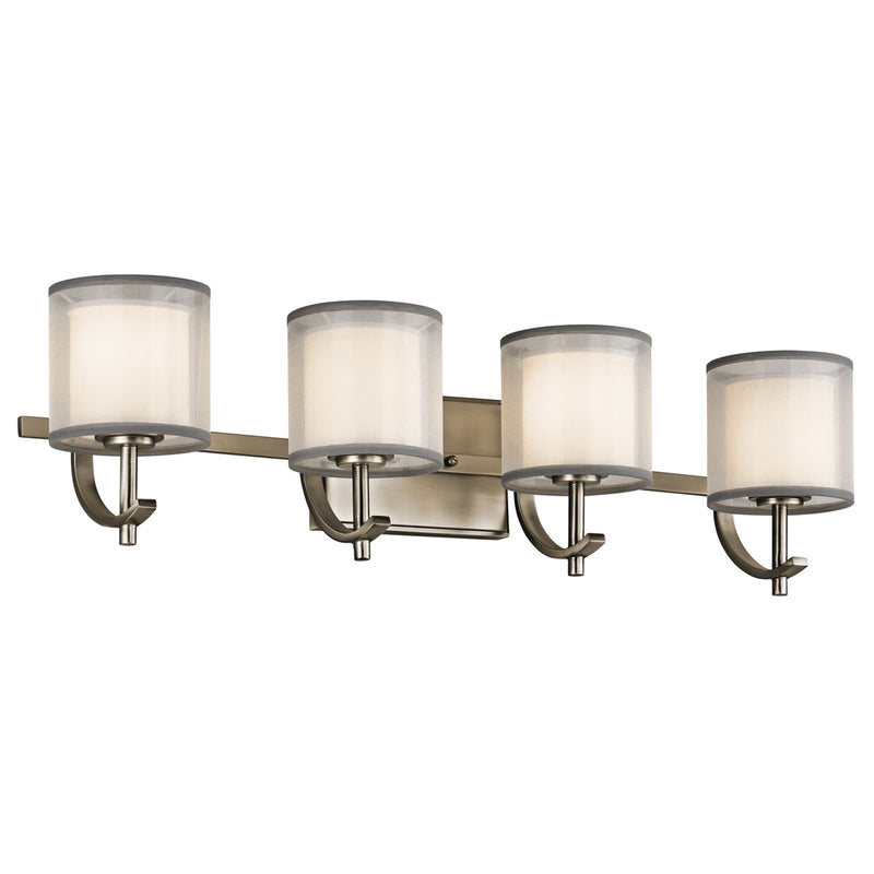 Kichler Tallie 28in 4-Light Bath Vanity | Transitional Antique Pewter and Satin Etched White Glass with White Organza Shade | Model 45452AP