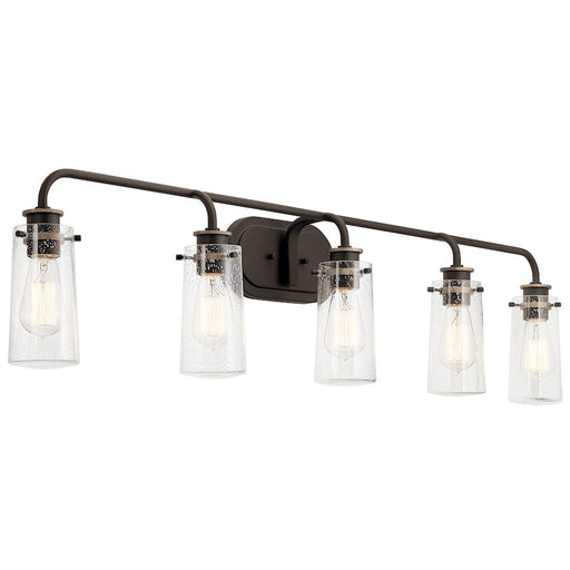 Kichler Braelyn 44in 5-Light Bath Vanity Light | Vintage Industrial Olde Bronze and Clear Seedy Glass | Bathroom Vanity | 44 x 10 in | Model 45461OZ