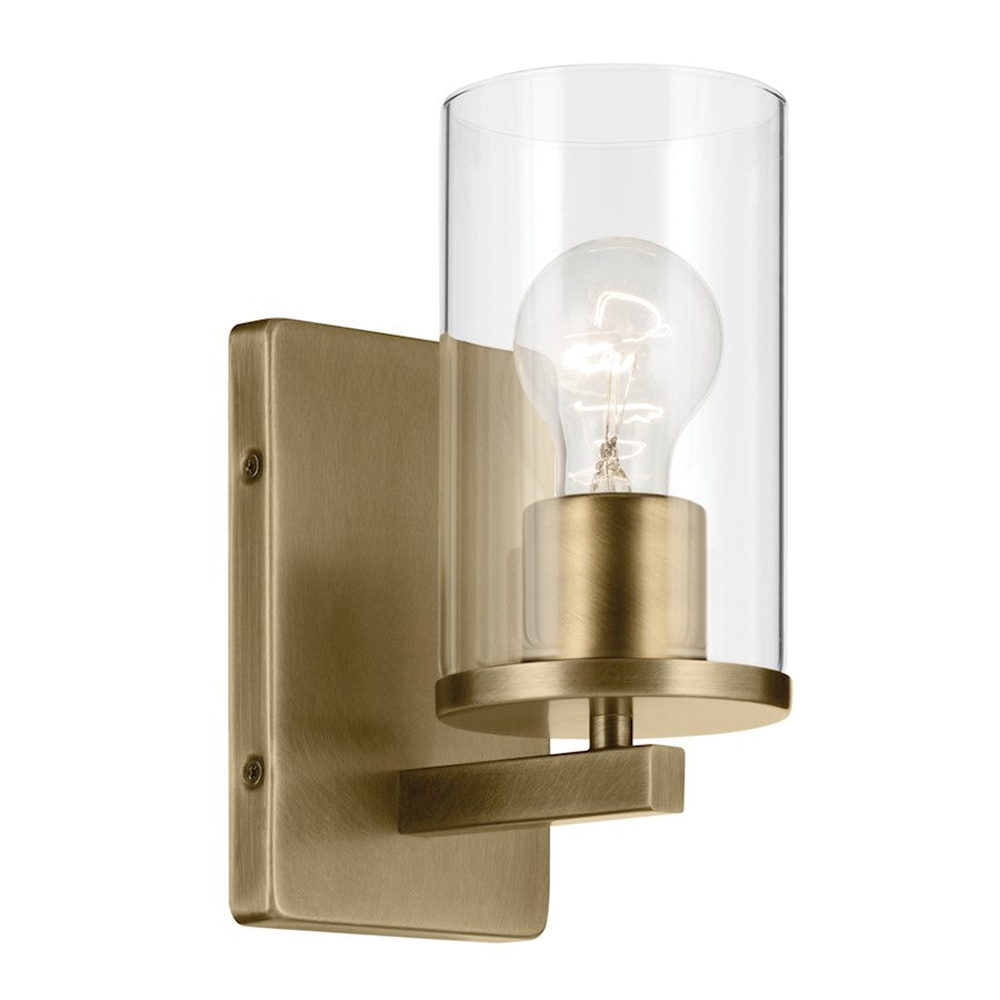 Kichler Crosby 1 Light Cylinder 9.25" Wall Sconce, Brass/Clear - 45495NBRCLR