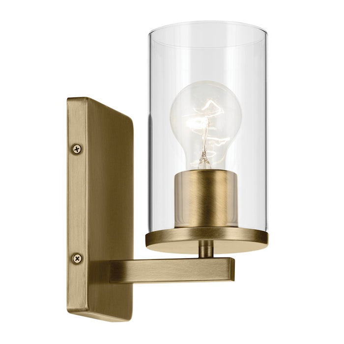 Kichler Crosby 1 Light Cylinder 9.25" Wall Sconce, Brass/Clear