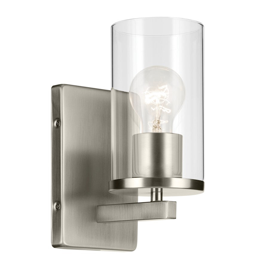 Kichler Crosby 1-Light Wall Sconce | Modern Brushed Nickel Steel and Clear Glass | Bedroom & Hallway Accent | 4.5 x 9.25 x 6.25 in | Model 45495NICLR