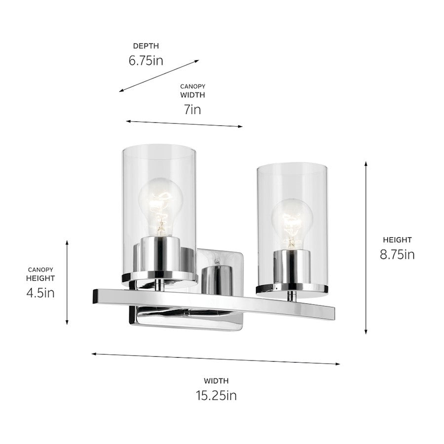 Kichler Crosby 2 Light Linear 8.75" Vanity Light, Chrome/Clear