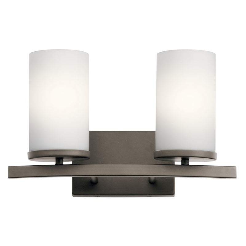Kichler Crosby 15in 2-Light Bathroom Vanity Light | Transitional Olde Bronze and Satin Etched Cased Opal Glass | Bathroom Vanity | Model 45496OZ