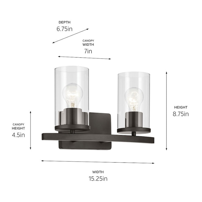 Kichler Crosby 2 Light Linear Vanity Light | Olde Bronze Steel & Clear Glass | Bathroom & Powder Room Vanity Light | 100W Max | Model 45496OZCLR