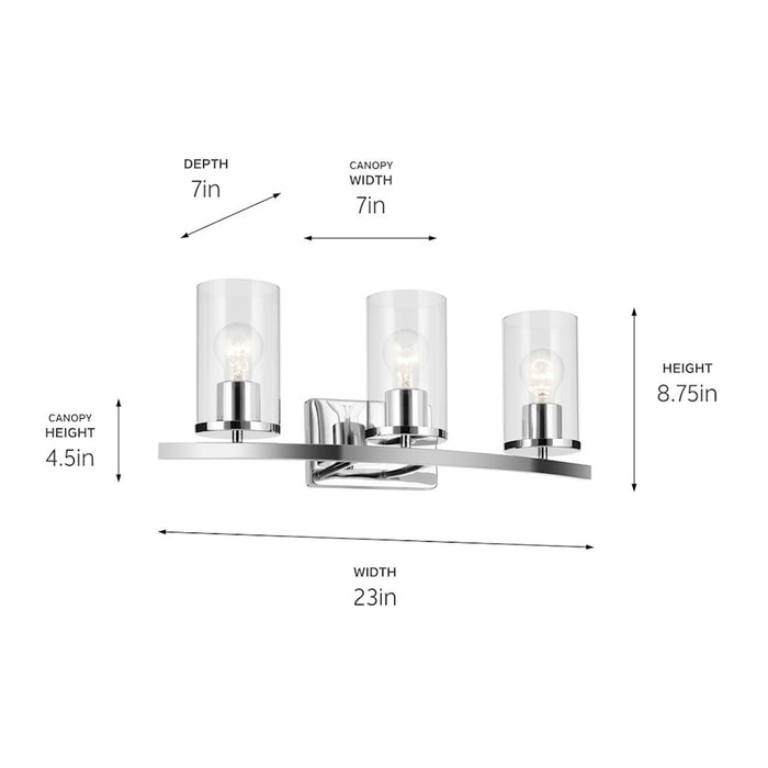 Kichler Crosby 23in Wide 3-Light Vanity Light | Modern Chrome & Clear Glass | Bathroom Vanity Lighting | 24W Max 120V Damp Rated | Model 45497CHCLR