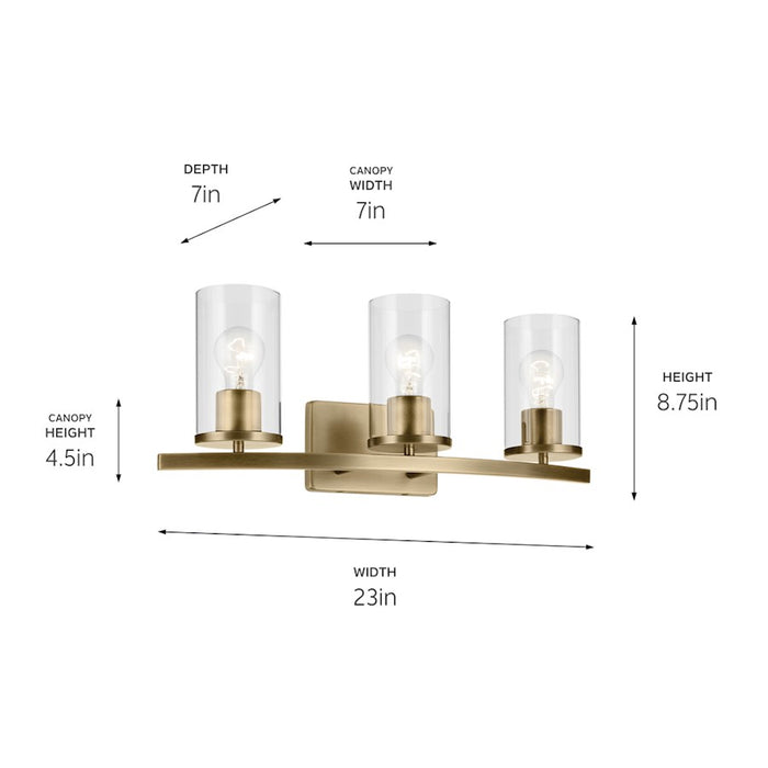 Kichler Crosby 3 Light Linear 8.75" Vanity Light, Brass/Clear