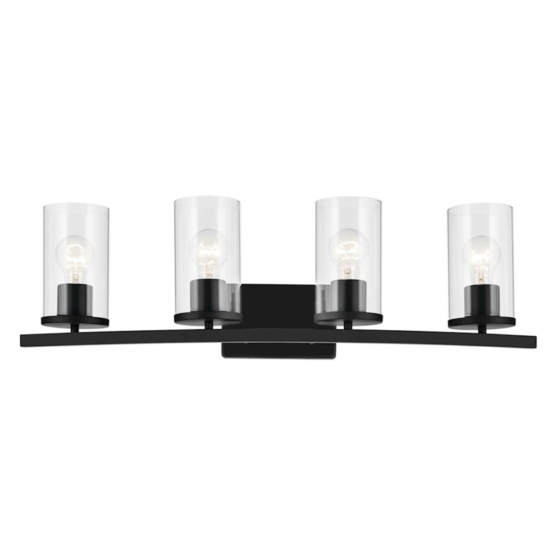 Kichler Crosby 31in 4-Light Linear Vanity Light | Modern Black Steel & Clear Glass | Bathroom Vanity & Damp Area Light | 4 Lights 100W | Model 45498BKCLR