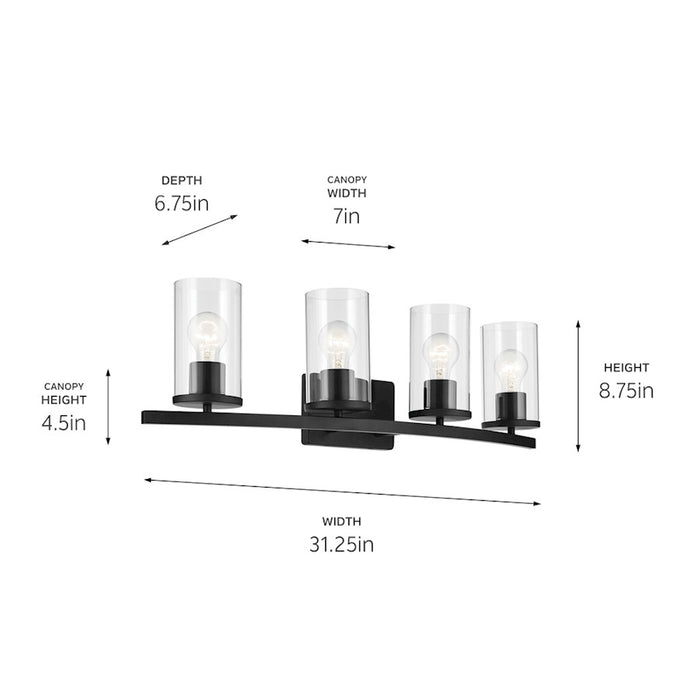Kichler Crosby 31in 4-Light Linear Vanity Light | Modern Black Steel & Clear Glass | Bathroom Vanity & Damp Area Light | 4 Lights 100W | Model 45498BKCLR