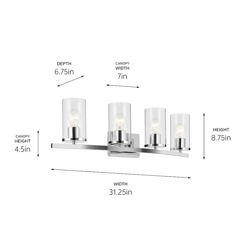 Kichler Crosby 31in 4-Light Vanity Light | Chrome & Clear Glass Linear | Bathroom & Damp-Rated Vanity Light | 100W per Socket, Dimmable | Model 45498CHCLR