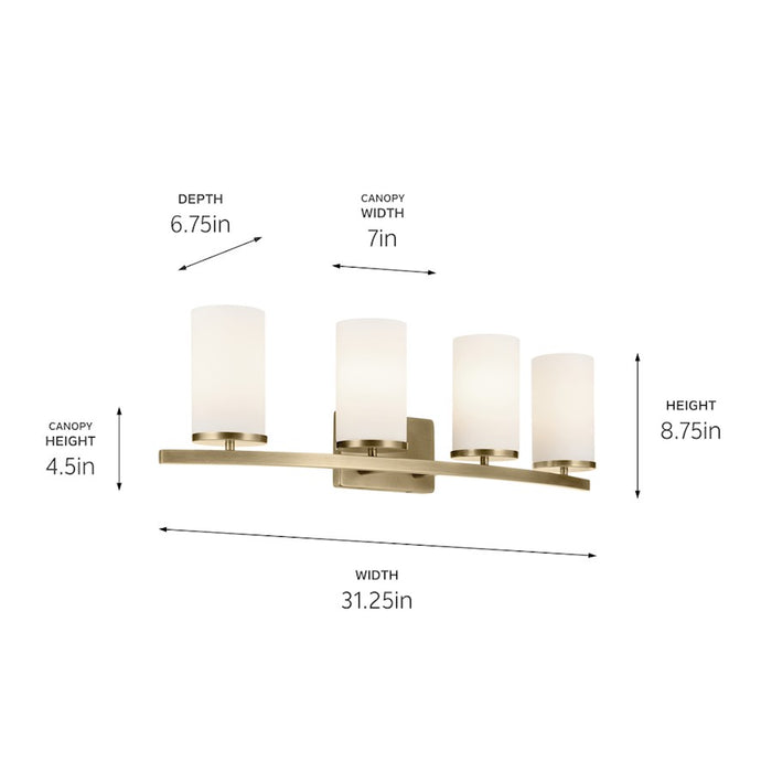 Kichler Crosby 31in 4-Light Linear Vanity Light | Natural Brass Steel & Satin Etched Cased Opal Glass | Bathroom Vanity Light | Model 45498NBR
