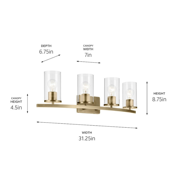 Kichler Crosby 4 Light Linear 8.75" Vanity Light, Brass/Clear