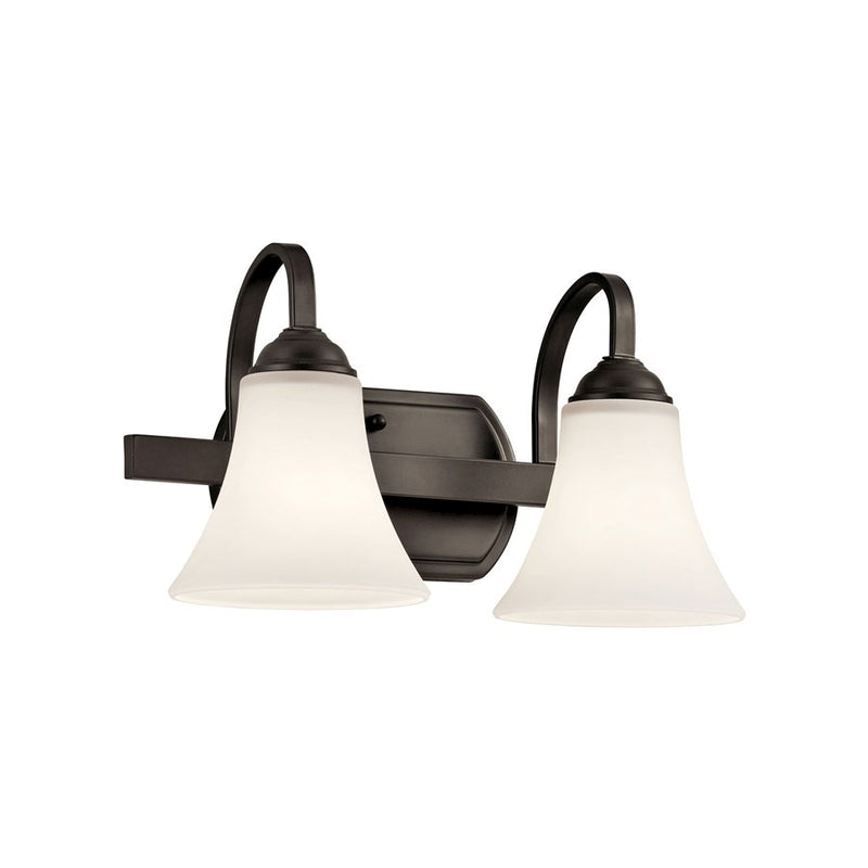 Kichler Keiran 14in 2-Light LED Bath Vanity | Olde Bronze Steel and Satin Etched Glass | Bathroom Vanity | 14 x 8 x 8 in | Model 45512OZL18