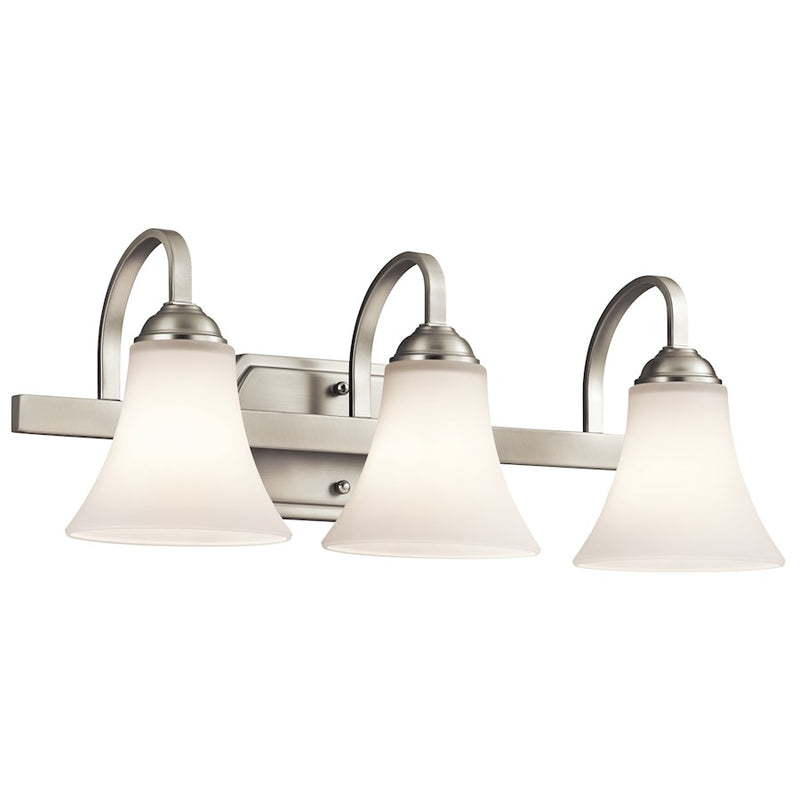 Kichler Keiran 22in 3-Light Bath Vanity | Transitional Brushed Nickel and Satin Etched White Glass | Bathroom Vanity | 22 x 8 x 8 in | Model 45513NI
