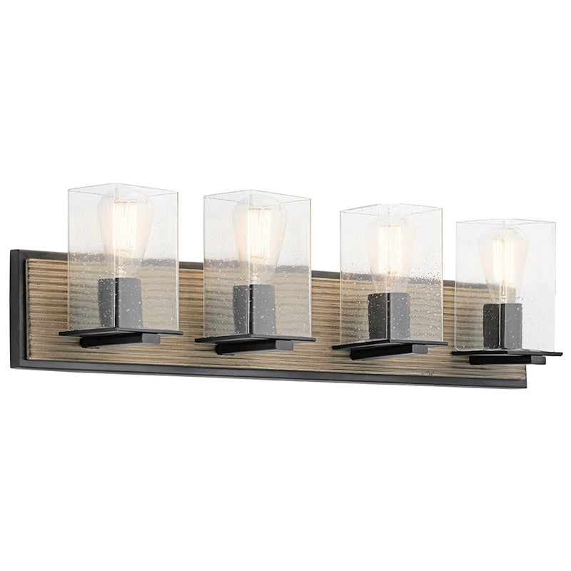 Kichler Millwright 29.5in 4-Light Bath Vanity Light | Distressed Antique Gray Wood and Clear Seeded Glass | Rustic Bathroom Vanity | Model 45545DAG