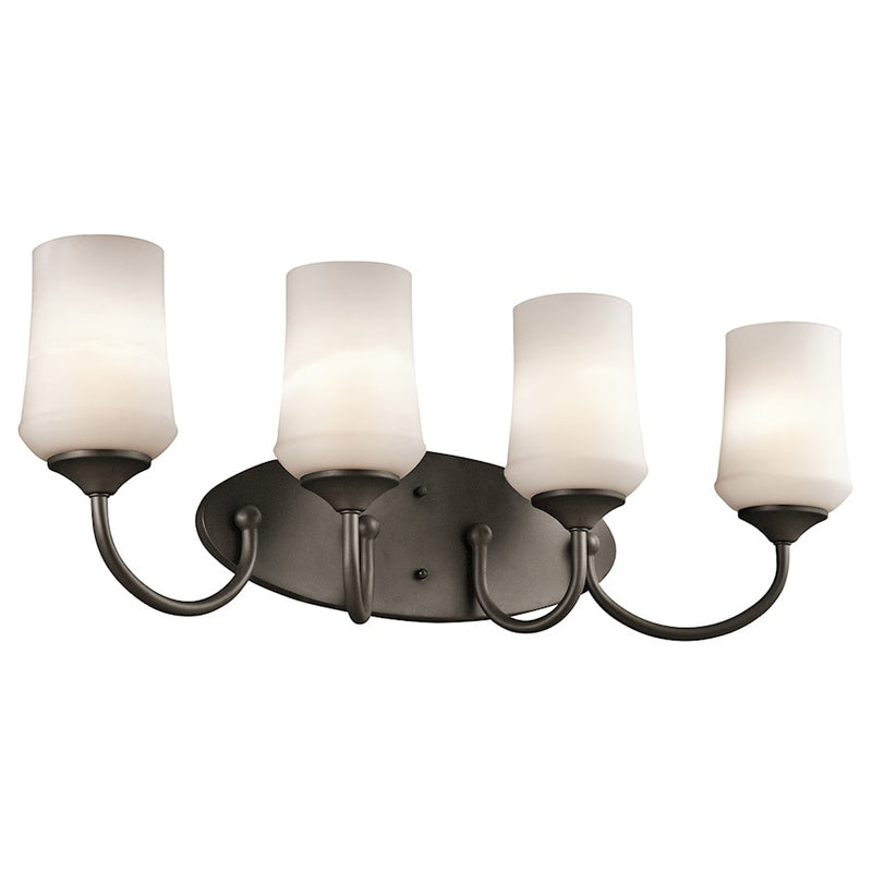 Kichler Aubrey 29in 4-Light Bathroom Vanity Light | Transitional Olde Bronze and Satin Etched Cased Opal Glass | Bathroom Vanity | Model 45571OZ