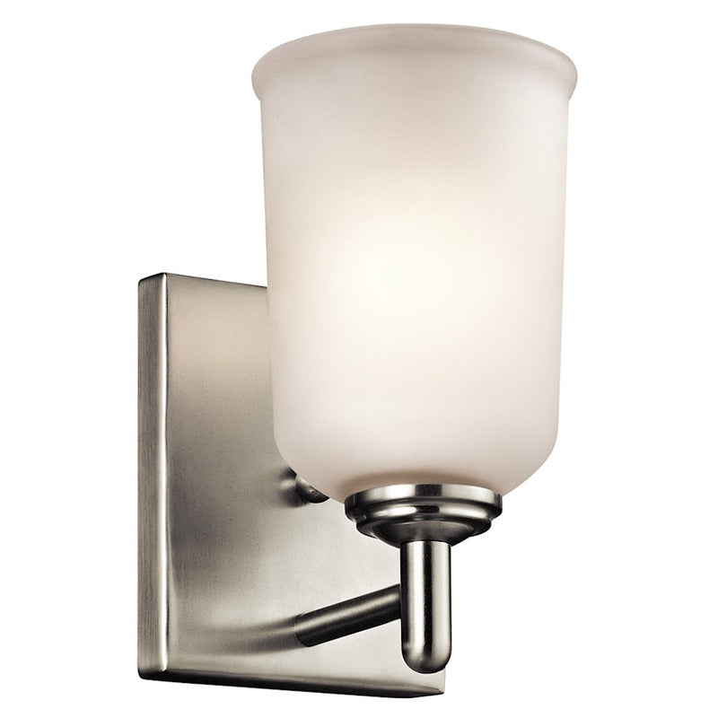 Kichler Shailene 5in 1-Light Wall Sconce | Transitional Brushed Nickel and Satin Etched Glass | Hallway & Bedroom Accent | 5 x 8 in | Model 45572NI