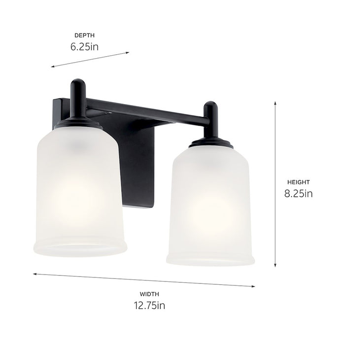 Kichler Shailene 12.5in 2-Light Vanity Light | Transitional Black & Satin Etched Glass | Bathroom Vanity & Powder Room Light | 2x 100W Max | Model 45573BK