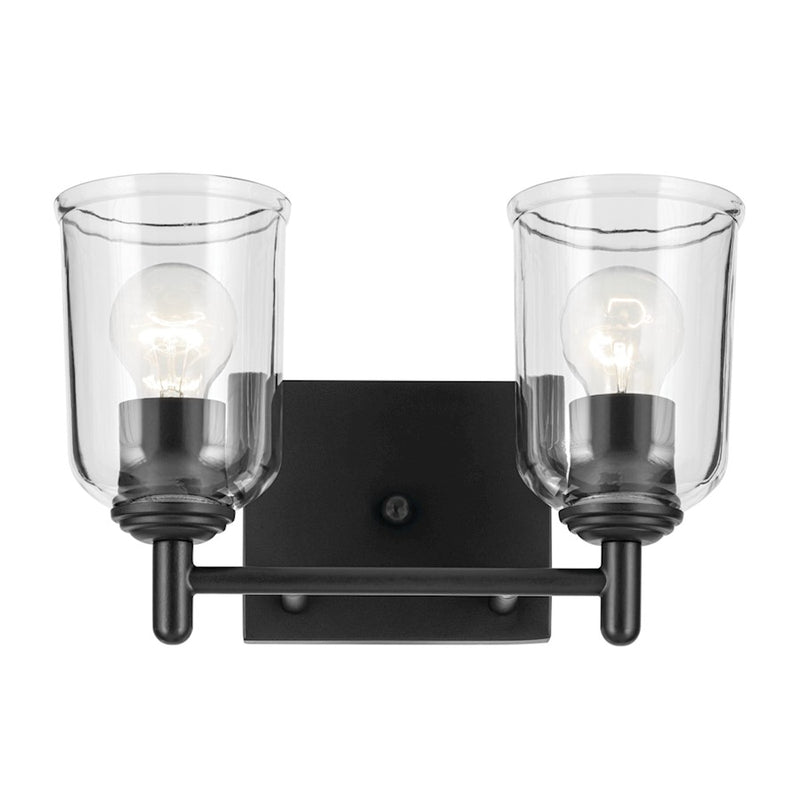 Kichler Shailene 2-Light 8.25in Vanity Light | Traditional Black Steel & Clear Glass | Bathroom & Powder Room Vanity | Max 200W Incan | Model 45573BKCLR