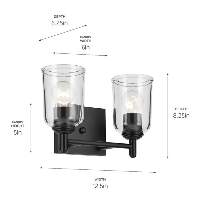 Kichler Shailene 2-Light 8.25in Vanity Light | Traditional Black Steel & Clear Glass | Bathroom & Powder Room Vanity | Max 200W Incan | Model 45573BKCLR