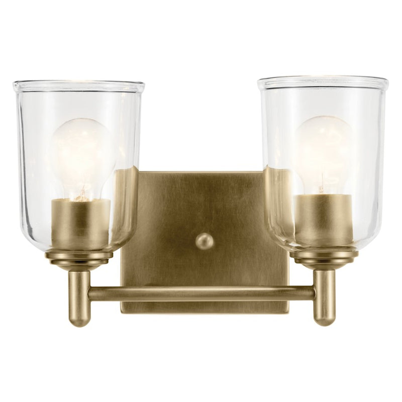 Kichler Shailene 12.5in Wide 2-Light Vanity Light | Traditional Natural Brass & Clear Glass | Bathroom Vanity Lighting | 100W Max | Model 45573NBRCLR