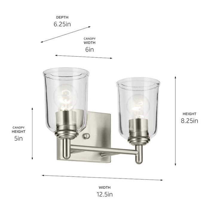 Kichler Shailene 2 Light 8.25in Vanity Light | Traditional Brushed Nickel & Clear Glass | Bathroom Vanity & Powder Room | 120W | Model 45573NICLR